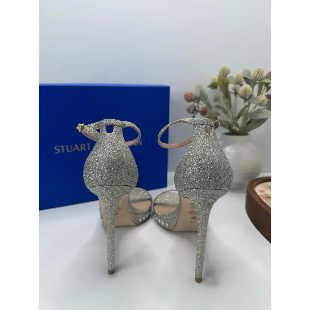 Stuart Weitzman Nudistdisco Pearl Sandal Fine Glitter Silver Women 9.5B